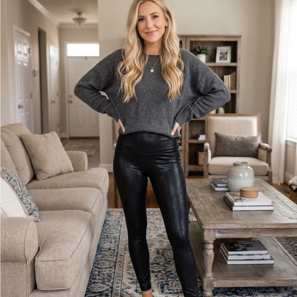 SPANX Black High-Waist Faux Leather Leggings Slimming Large Size